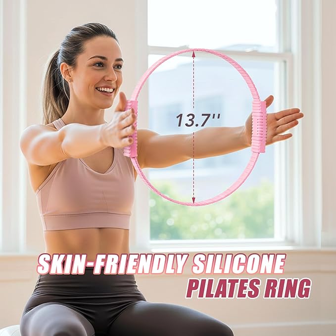 ALongSong Pilates Kit for Women, 13.7in Silicone Pilates Ring with 5 Resistance Bands, 1 Yoga Ball, 1 Yoga Block, 2 Core Sliders, Video Guide for Full Body Home Workouts