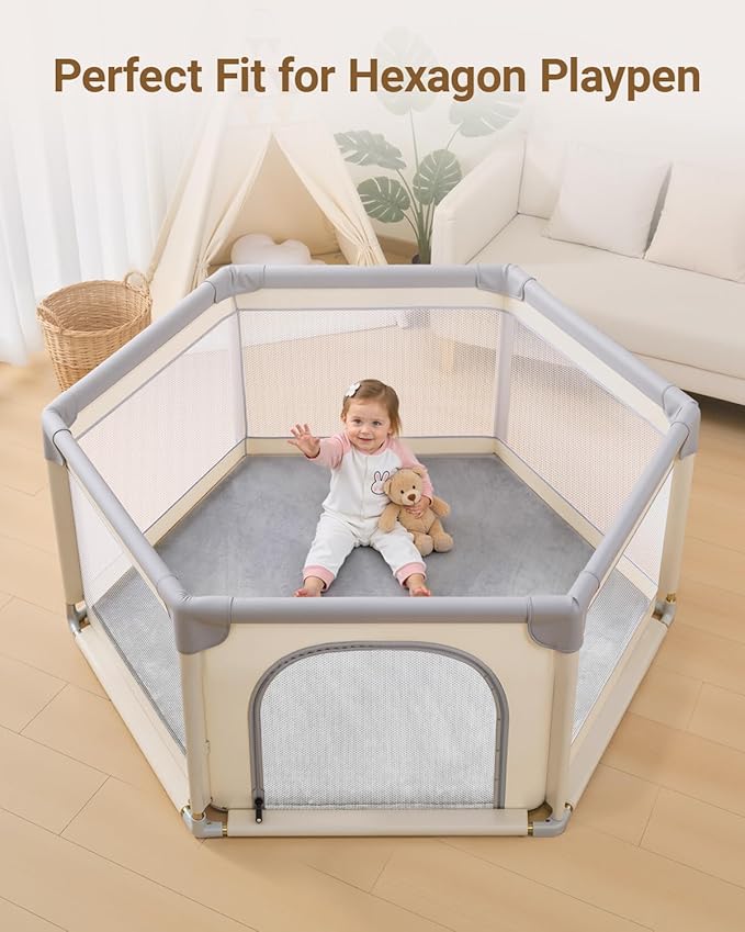 Thick Hexagon Playpen Mat,65x56 Inch Baby Play Mat for Floor,Soft Support & Plush Feel Foam Mats Play Tent Mats for Infant,Kids,and Toddler Crawling,Non-Slip Back for Indoor Playhouses(Light Grey)