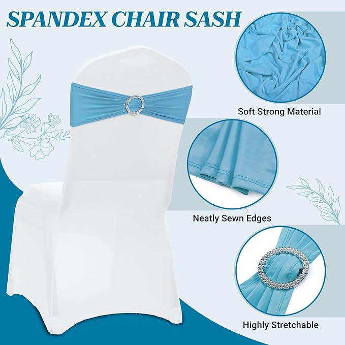 MDS Pack of 125 Spandex Chair Sashes Bow Universal fits Elastic Stretch Chair Bands Ties with Buckle for Wedding Party Banquet Events Decoration Spandex Slider Sashes Bow - Blue