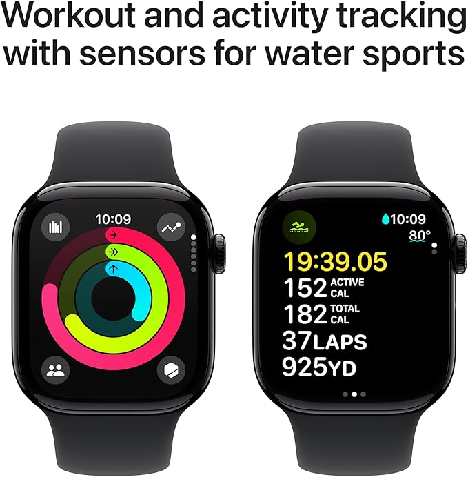 Apple Watch Series 10 [GPS 42mm] with Jet Black Aluminium Case with Black Sport Band - S/M. Fitness Tracker, ECG App, Always-On Retina Display, Water Resistant with AppleCare+ (2-years)