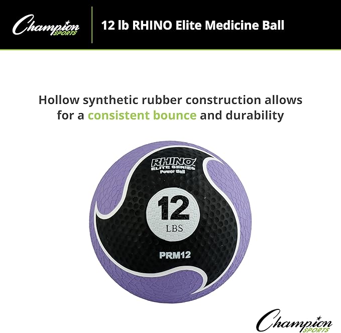 Champion Sports Rhino Elite Medicine Ball – Textured Surface, Superior Grip, Hollow Synthetic Rubber for Consistent Bounce & Durability, Multiple Weights & Colors - Optional Rebounder Sold Separately