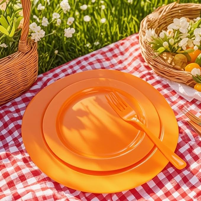 FLOWERCAT 60PCS Orange Plates - Heavy Duty Orange Plastic Plates Disposable for Easter & Spring Party - Serve 30 Guests 10.25inch and 7.5inch