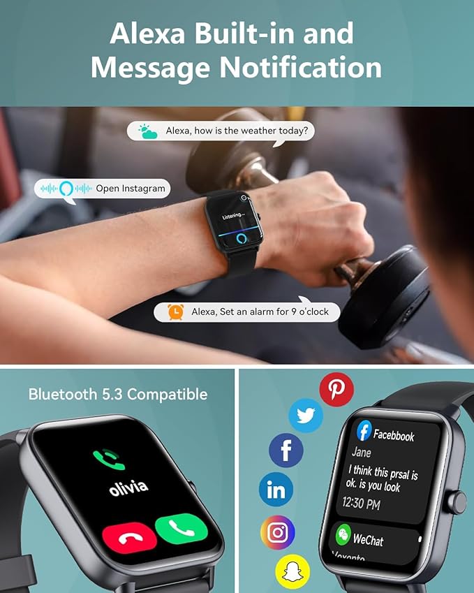 Smart Watches for Women/Men, Smart Watch for Android Phones and iPhone Compatible, Alexa Built-in, 1.8" Fitness Watches for Women, IP68 Waterproof /Bluetooth Call, Heart Rate/Sleep Monitor, Two Bands