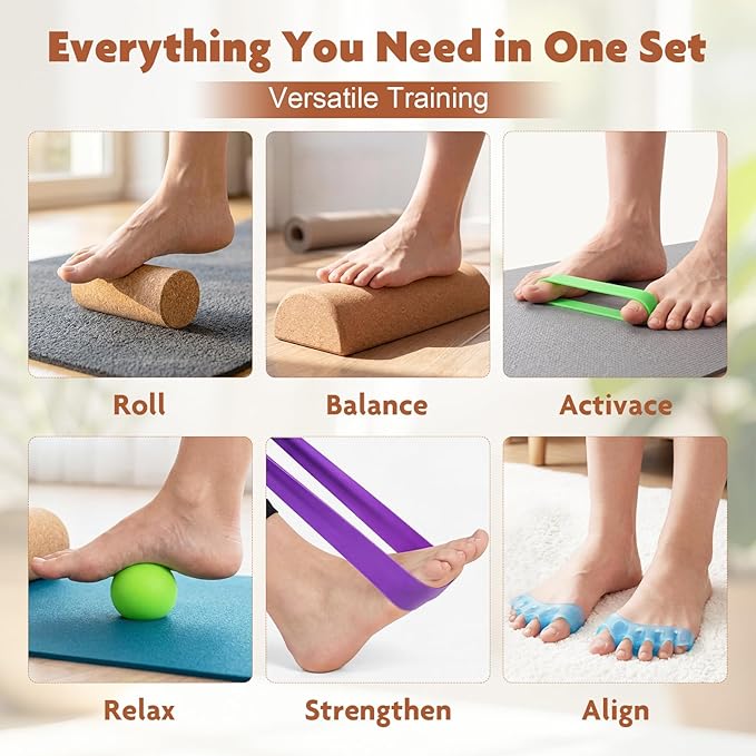 Cork Balance Board, Foot Balance Board Set with Massage Roller, Massage Ball, Toe Resistance Band, Toe Spacer, Resistance Band, Storage Bag, Ankle Strengthener for Home Office Gym
