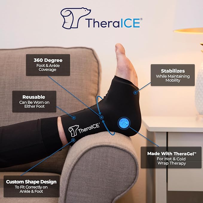 TheraICE Ankle Ice Pack Wrap for Swelling & Sprained Ankle Brace for Women Men, Cold Therapy Foot Heel Spur Support Compression Socks, Plantar Fasciitis & Achilles Tendonitis Sore Feet Pain Relief