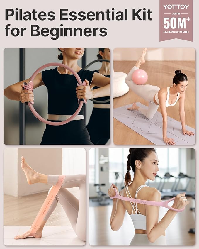 YOTTOY Pilates Ring and Ball Set, Figure 8 Resistance Bands, Stretch Bands&Guide,Pilates Equipment Set for Beginners for Home Workouts Core Strength, Yoga, Physical Therapy & Rehab