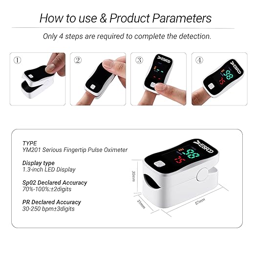 ESPOO Fingertip Pulse Oximeter, Blood Oxygen Saturation Monitor (SpO2) & Pulse Rate Monitor with LED Display, Portable Oxygen Monitor, Includes Batteries & Lanyard