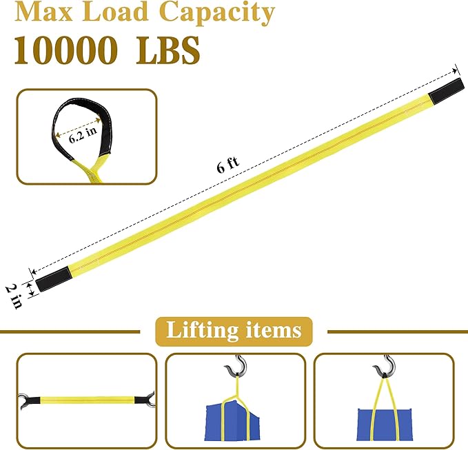 2 Pcs 2 inch by 6 feet Lifting Sling Straps, 10,000lbs Max Vertical Break Strength Capacity, Nylon Tree Saver Recovery Strap Web Sling Winch Strap