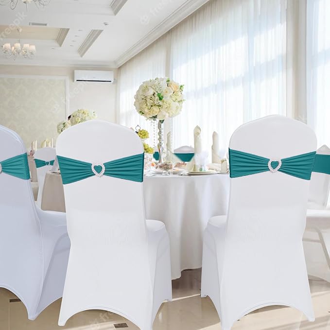 Howhic Pack of 30 Spandex Chair Sashes Bows Stretch Chair Cover Band with Buckle Slider Universal Elastic Chair Ties for Wedding Banquet Party Event Decoration (Turquoise)