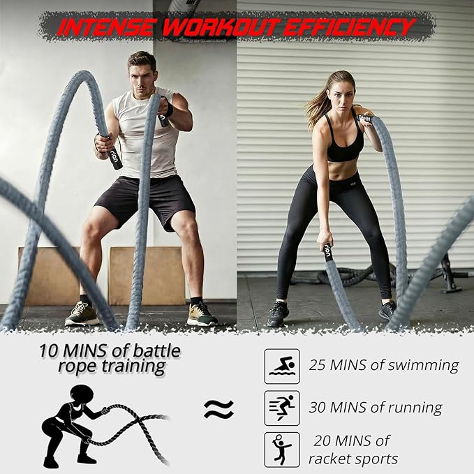 Battle Rope for Home Gym Workout - 1.5 Inch 30ft Heavy Weighted Training Exercise Ropes Fitness Equipment with Sleeve and Anchor Strap Kit for Outdoor Working Out - Gray