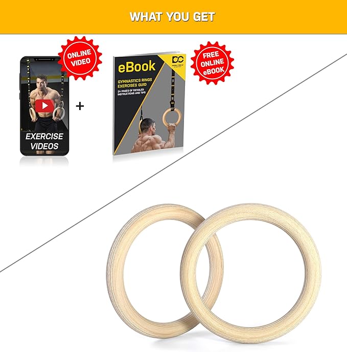 Double Circle Wood Gymnastic Rings (Rings Only) and Exercise Videos Guide for Gym, Compatible with Crossfit, and Bodyweight Training