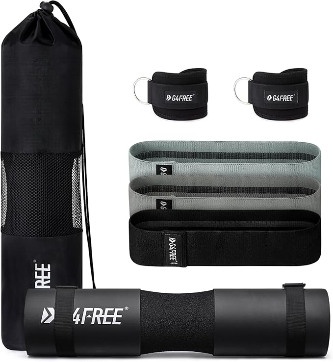 G4Free 9Pcs Barbell Pad Set for Squat, Hip Thrusts, Lunges, Leg day, Standard Olympic Bars with 2 Gym Ankle Safety Straps, 3 Hip Resistance Bands, 2 Lifting Strap, Barbell Pad, and Carry Bag