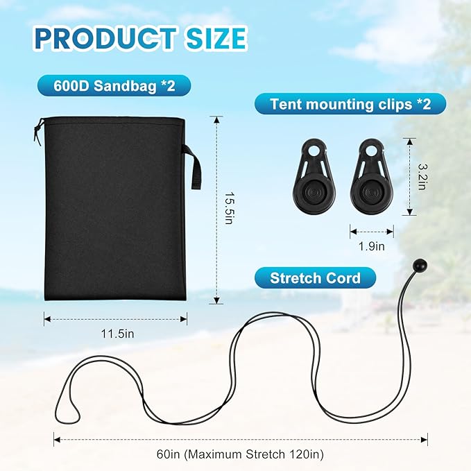 Strdfeve 2 Pack Beach Shade Accessories, Compatible with Shibumi Beach Canopy, Sandbag Weights with Clamps and Elastic Cords for Breezy and Low Wind Beach Setup, Canopy Not Included