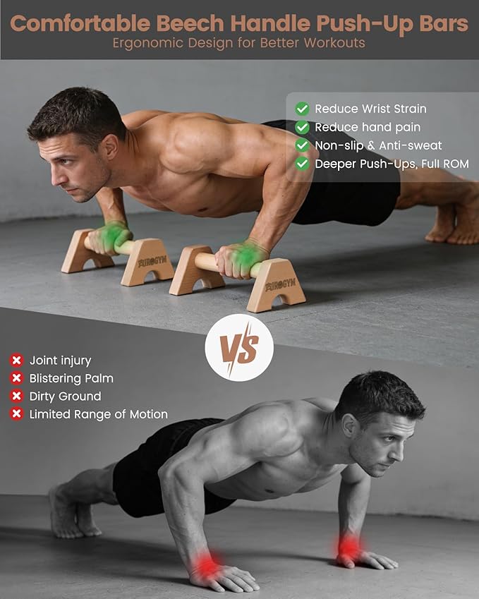 Wooden Push Up Bars for Calisthenics Equipment - Non-Slip Beech Wood Parallettes for Floor Strength Training, Handstand & Home Gym Workout - Support 550 LBS Heavy Duty Pushup Handles Stand