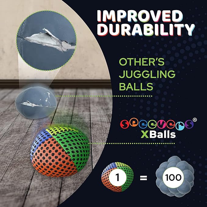 speevers Juggling Balls for Beginners and Professionals Set of 3, 14 Colors Available, 2 Layers of Net and Carry Case, Xballs Juggling Balls (Orange Green Yellow Blue, 3.2 oz)