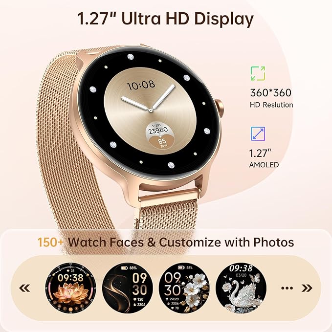 Smart Watch for Women, 1.27" AMOLED Screen Smartwatch with Answer/Make Call for iPhone/Android/Samsung, Fitness Tracker with 120+ Sport Modes, Heart Rate/Sleep/Health Monitor, IP68 Waterproof, Gold