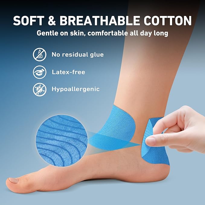 Precut Kinesiology Tape for Ankle, Upgraded Ankle Tape Athletic 12PCS, KTQUICK Tape for Ankle Support & Pain Relief, 5% Stronger Adhesive, Waterproof & Breathable Cotton Kinesiology Tape Ankle(Blue)