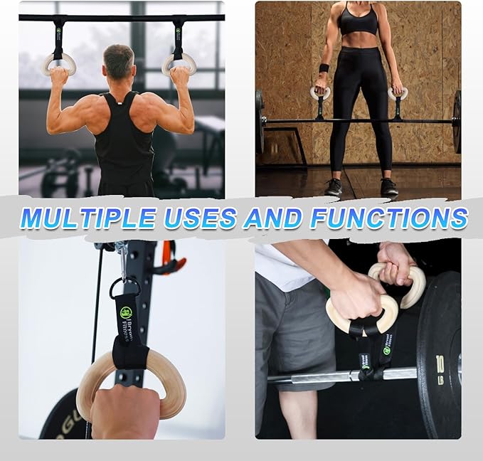 J Bryant Fitness Wooden Gymnastic Rings - Pull Up Grips & LAT Pull Down Gym Handles Design, Sturdy Webbing Straps with D-Rings, Pilates, Strength Training, and Portable Fitness - Includes Carry Bag