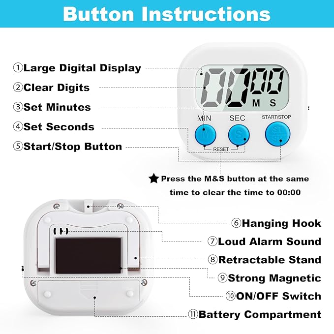 6 Pack Digital Kitchen Timer Multi-Function Magnetic Timers Classroom Timer for Kids Loud Alarm Big LCD Display Electronic Timers for Cooking, Classroom, Exercise, Meeting(Blue, Green, Pink, White)