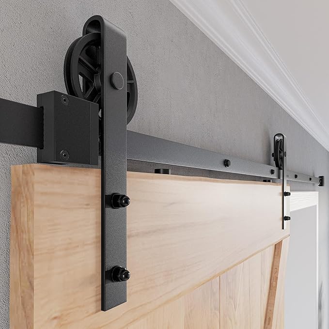 SMARTSTANDARD 8 FT Heavy Duty Sliding Barn Door Hardware Kit, 4FT - 18FT, Black, Smoothly and Quietly, Simple and Easy to Install, Fit 42"- 48" Wide Door Panel (Industrial Bigwheel Hangers)