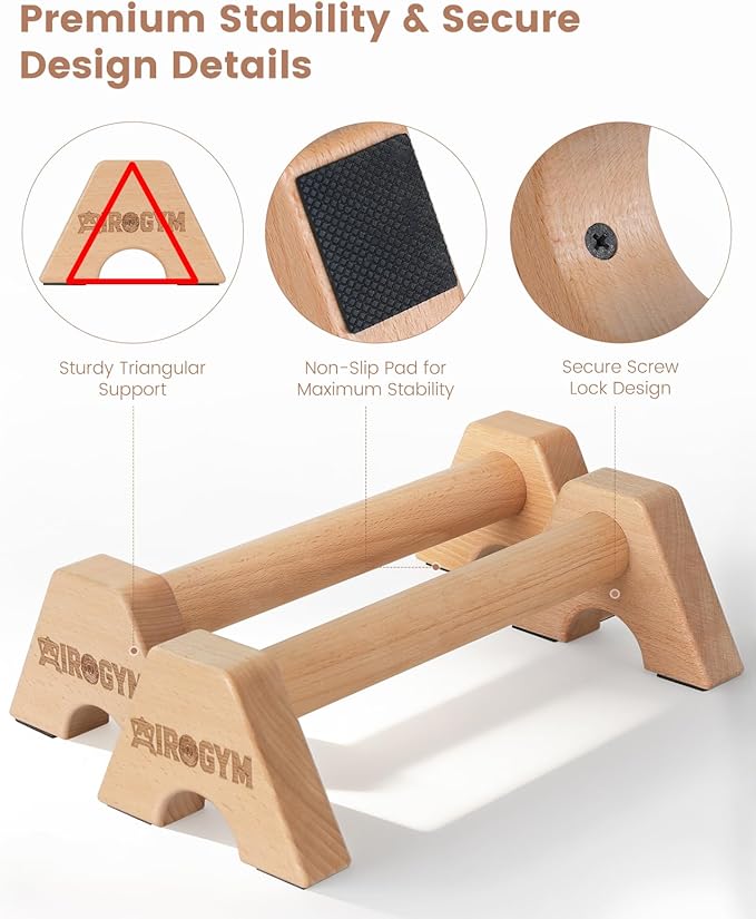 Wooden Push Up Bars for Calisthenics Equipment - Non-Slip Beech Wood Parallettes for Floor Strength Training, Handstand & Home Gym Workout - Support 550 LBS Heavy Duty Pushup Handles Stand