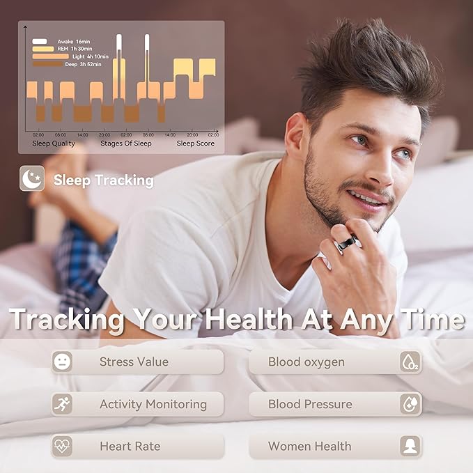 Smart Ring for Men, Fitness & Activity Tracker with Blood Pressure/Heart Rate Monitor, Sleep Tracker, Step Counter, IP68 Waterproof Ring for iOS & Android, Fast Charge, No Subscription (Black,Size9）