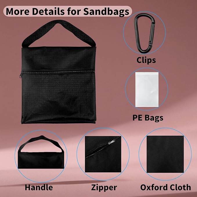 6 Pack Sandbags with 12 PE Bags and 6 Buckle, Weight Bags for Light Stand Photography Video Equipment, Heavy Duty Sand Bags for Backdrop Stand, Photo Tripod, C Stands and Light Stands
