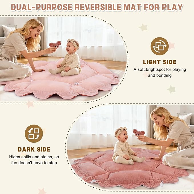5-in-1 Baby Activity Gym & Play Mat with 6 Hanging Toys, Tummy Time Mat & Cards - Extra Large, Reversible Machine Washable Pad - Gift for Newborns, Infants 0-12 Months, Pink