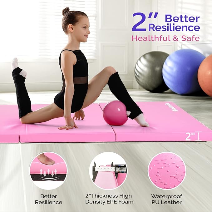 Matladin 6' Folding Tri-fold Gymnastics Gym Exercise Aerobics Mat, 6ft x 2ft x 2in PU Leather Tumbling Mats with Hook & Loop Fastener for Stretching Yoga Cheerleading Martial Arts
