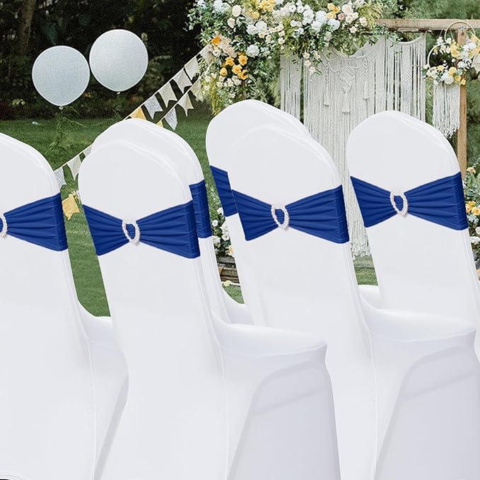 Howhic Pack of 30 Spandex Chair Sashes Bows Stretch Chair Cover Band with Buckle Slider Universal Elastic Chair Ties for Wedding Banquet Party Event Decoration (Navy)