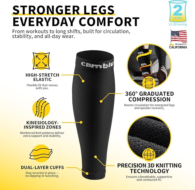 CAMBIVO 3-Pair Calf Compression Sleeves for Men & Women – Footless Socks for Shin Splints & Leg Pain Relief, 1 Pair Available