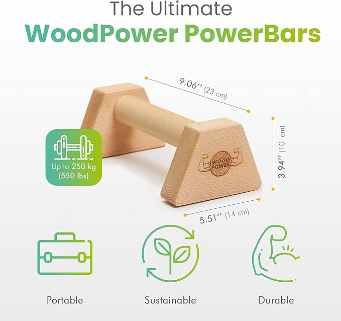 WOODPOWER® - PowerBars, Wooden Parallettes Push Up Bars, Joint-Friendly Beech Wood Calisthenics Equipment for Home, Durable Handstand Trainer Push Up Handles for Floors