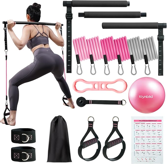 kisnbld Pilates Bar Kit with Resistance Bands, Multifunctional Pilates Bar with 3 Set Exercise Resistance Bands, Portable Pilates Equipment for Women Home Gym Yoga Workouts