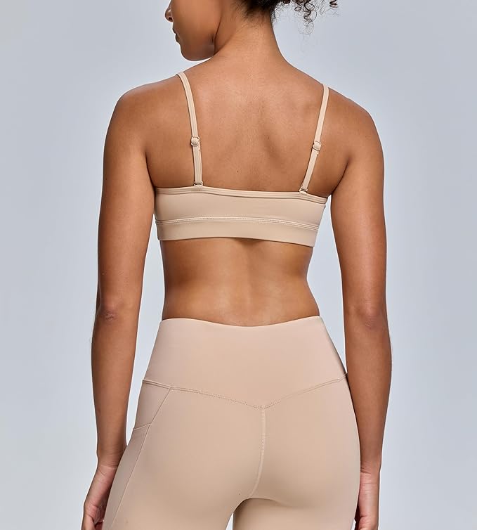 Oalka V Neck Sports Bra for Women Adjustable Padded Thin Straps Wireless Yoga Bras