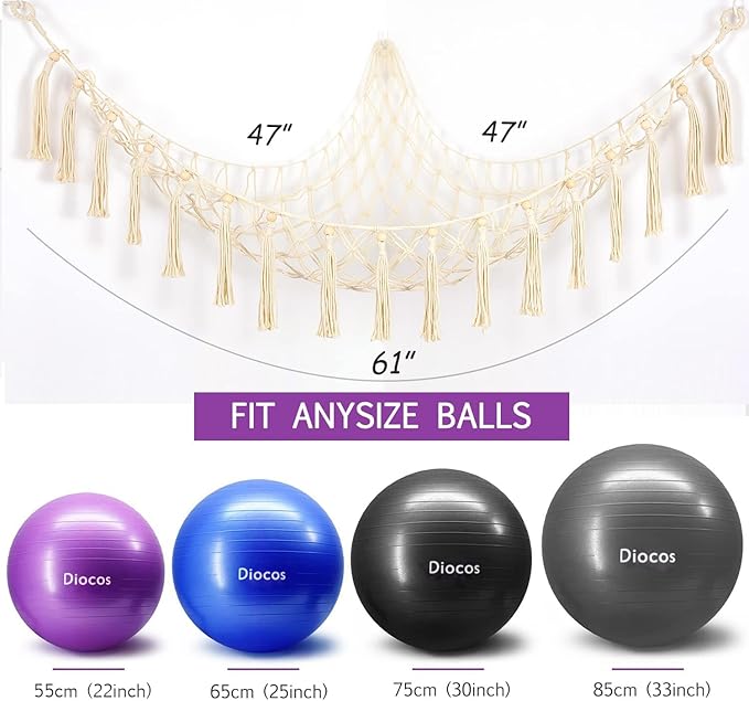 Exercise Ball Holder Yoga Ball Rack Corner Hanging Storage Net or Hammock for Fitness Ball Balance Ball Organizer Pregnancy Stability Ball Swiss Balance Ball for Yoga Studio and Gym