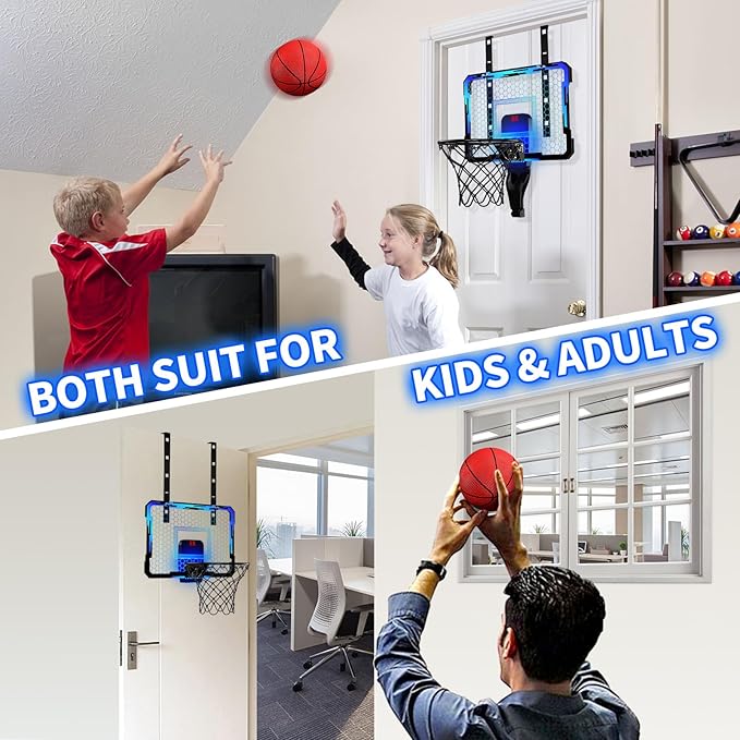 QDRAGON Indoor Basketball Hoop for Kids, Over The Door Mini Basketball Hoops with 7 LED Lighting, Basketball Toys Gifts for 5 6 7 8 9 10 11 12 Year Old Boys Girls Teens, Blue