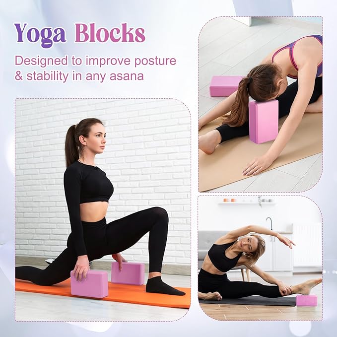 RoundFunny 5 Pcs Yoga Blocks Knee Pads Yoga Strap Set Soft Premium Foam Blocks Accessories for Pilates Meditation General Fitness Stability, Kneeling, Balance, Deepen Stretches and Toning