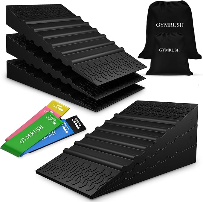 GYMRUSH Squat Wedge Block 6PCS, Resistance Bands 5PCS, Adjustable Non-slip Rubber Squat Ramp, Weight Lifting, Deadlift, Calf stretcher, Slant board, Improve Mobility Balance and Strengthen Performance