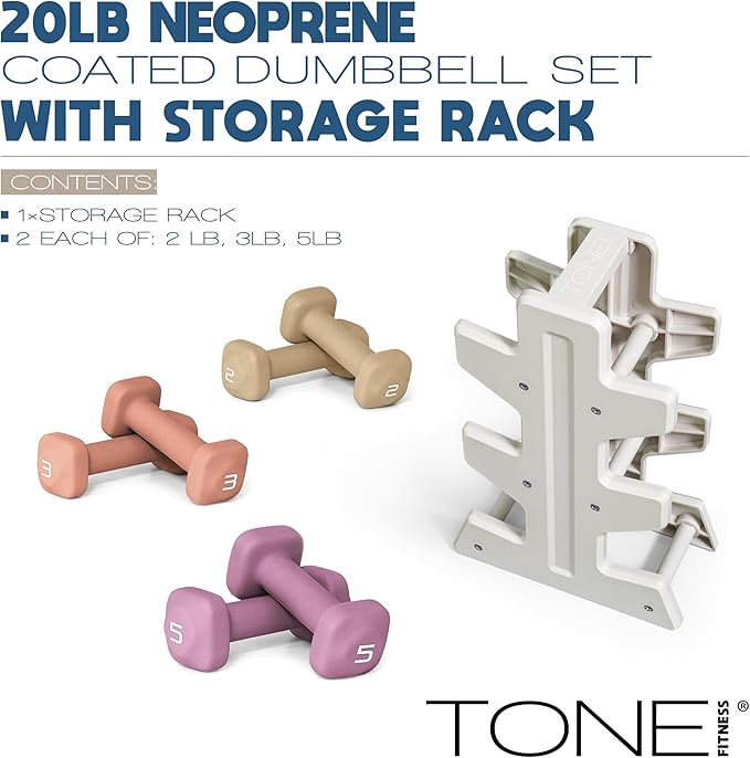 Tone Fitness Neoprene Dumbbell Set with Storage Rack – Non-Slip, Anti-Roll Hand Weights for Home Gym Workouts | 20 lb, 32 lb, 50 lb, 60 lb & 100 lb Options