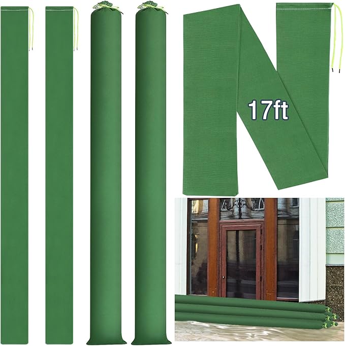 Threan 2 Pcs Long Canvas Sandbags for Flooding Sand Tube Bags Flood Protection Thickened Reusable Rain Wind Flood Barrier with Elastic Band Water Barrier Tube for Door Rain Control, Green (17ft)