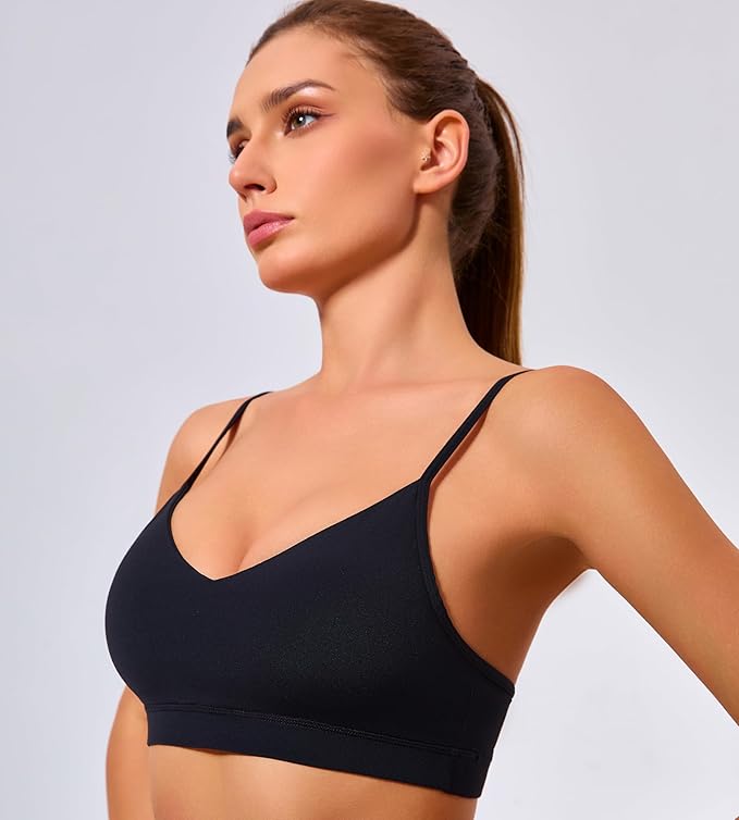 Oalka V Neck Sports Bra for Women Adjustable Padded Thin Straps Wireless Yoga Bras