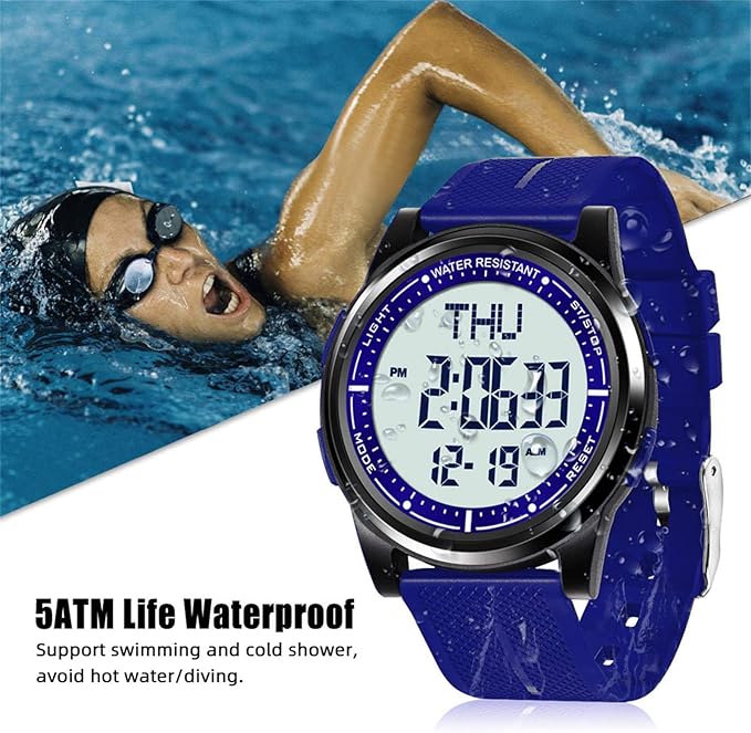 Beeasy Digital Watch for Men Women, 50M Waterproof, Ultra-Thin & Lightweight, 44mm Silicone Sports Watch with Alarm, Stopwatch, Countdown, Ideal for Gym, Running, School, Daily Wear
