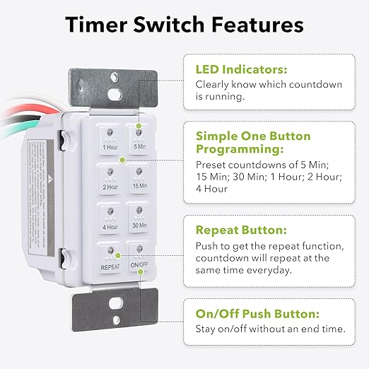 BN-LINK Countdown Digital Wall Timer Switch for Exhaust Fan with Push Button 5-15-30-60mins, 2-4hours, Bathroom Fan Light Switch Timer Indoor, Neutral Required, Wall Plate Included, White, ETL Listed