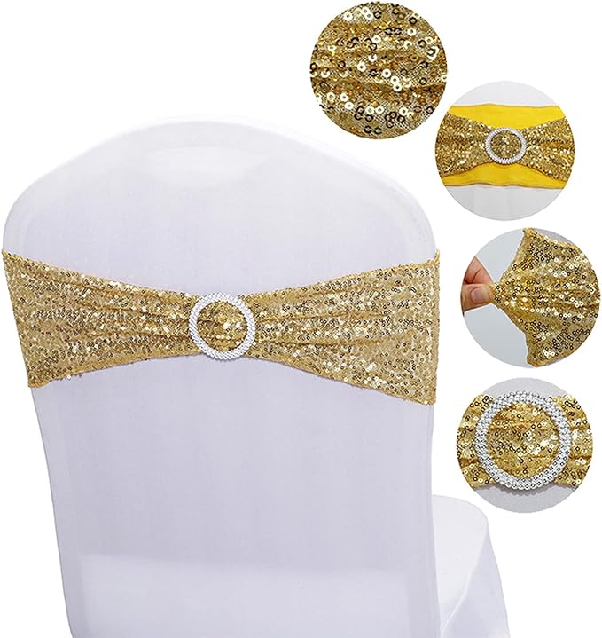 Dimatic 25 PCS Stretch Sequin Chair Sashes Chair Stretchy Spandex Bands for Wedding Reception Events Banquets Chairs Decoration (Gold)
