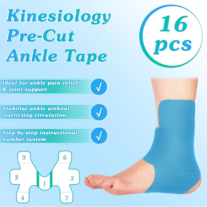 16 Pcs Precut Kinesiology Tape for Ankle Cotton Breathable Elastic Athletic Tape Pain Relief Minimize Ankle Sprain Provides Support and Stability for Ligament and Muscle Marathon Use(Blue)