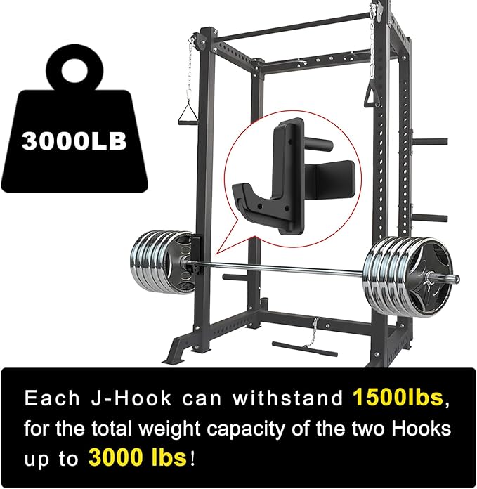 SELEWARE Solid Steel J Hooks for 2" x 2" or 3" x 3" Tube Power Cage with 1" 1/2" or 5/8" Hole Squat Rack Attachment, J-Hook Barbell Holder for Power Rack, Set of 2