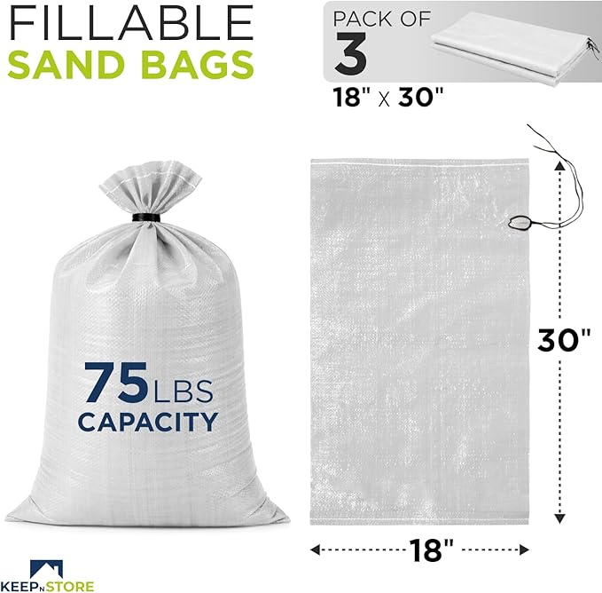 Heavy Duty Sand Bags Pack of 3, White Empty Sandbags with Built-In Ties, Woven Polypropylene UV Protection 1600 Hours, Fillable Bags for Flood Control, Weight, 18x30 inches, 75 Pounds Volume