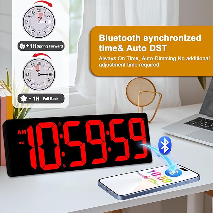 TXL 17.2" Bluetooth Digital Wall Clock with Seconds, Large Countdown Timer for Classroom Home Gym Kitchen Office, Alarm Clock with Remote Control, 4 Dimmable Brightness, Auto DST (Red)