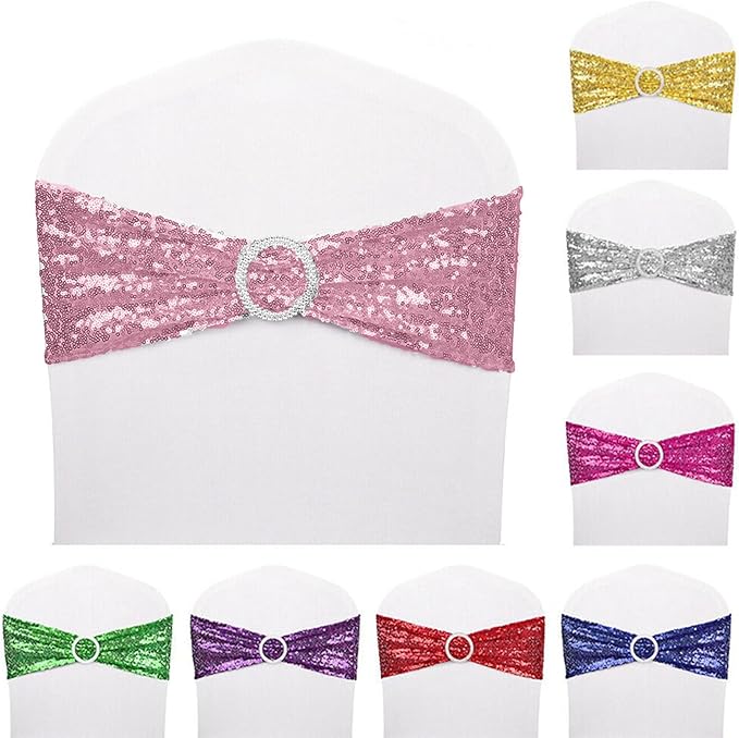 Dimatic 25 PCS Stretch Sequin Chair Sashes Chair Stretchy Spandex Bands for Wedding Reception Events Banquets Chairs Decoration (Pink)