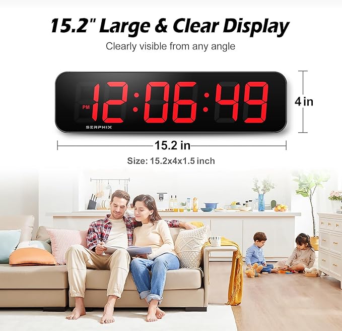 15.2" Large Digital Wall Clock with App & Remote Control, Customizable RGB Colors, 10 Alarms, Stopwatch, Countdown, Timer Clock for Home Gym Living Room Office Garage Decor